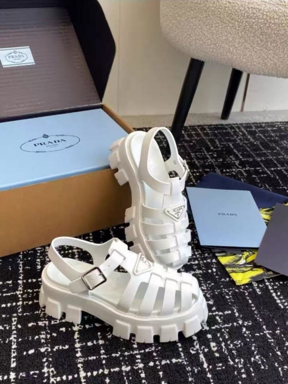 PRADA White Woven Cut‑Out Platform Fisherman Sandals